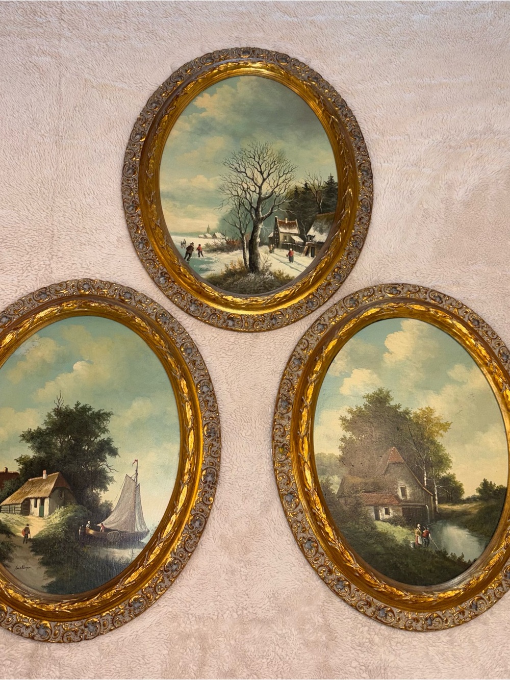 Triptych Oval Landscape Paintings Set of 3 Ornate Gold Gilt Ornate Frames